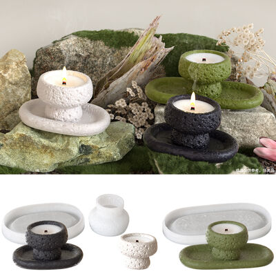 DIY Cement Gypsum Rock Elliptical Tray Aromatherapy Stone Pattern Circular Candle Cup Storage Can Dropping Silicone Mold