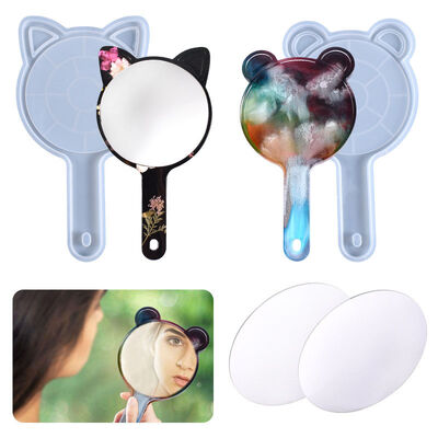 DIY Crystal Dropping Gel Mirror Mold, Little Panda Narrowing Ears, Homemade Handheld Makeup Mirror Silicone Mold