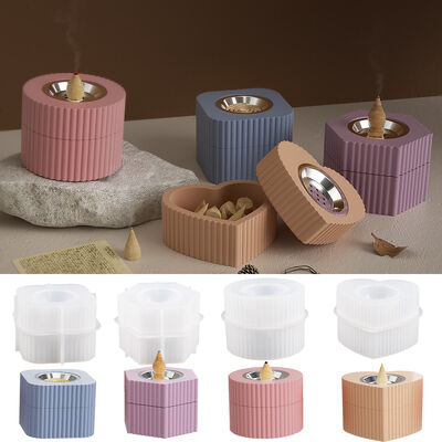 New striped incense burner storage box mold DIY gypsum cement square circular heart-shaped storage box silicone mold