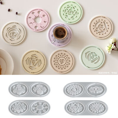 2-in-a-row circular hollow patterned cup coaster, table, drip glue mold, DIY aromatherapy gypsum mat, silicone mold