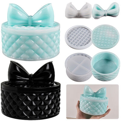 DIY Crystal Dropping Resin Gypsum Leather Pattern Grid Bow Storage Box Jewelry Platform Silicone Mold