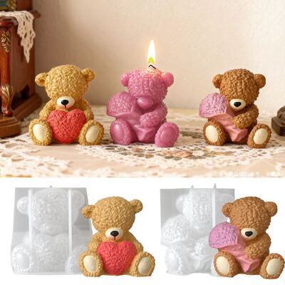 Cross border holding love roses couple teddy bear DIY aromatherapy gypsum candle ornament silicone mold