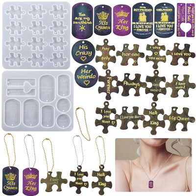 DIY Drip Glue Couple Necklace Pendant Mold Valentine's Day English Quotes Puzzle Hanging Silicone Mold