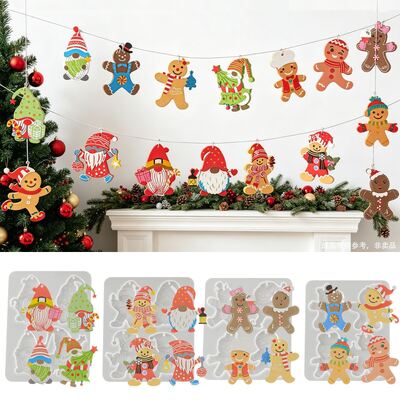 Four Grid Christmas Holiday Hanging Silicone Mold DIY Santa Claus Gingerbread Man Snowman Dropper Mold