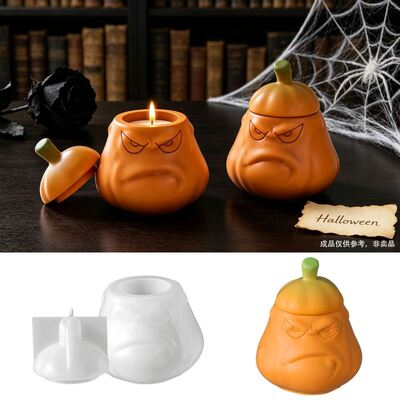 Halloween Angry Pumpkin With Lid Candle Cup Silicone Mold DIY Aromatherapy Gypsum Storage Can Mold