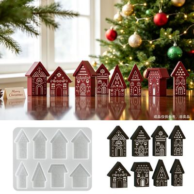 8-piece Set Of DIY Silicone Molds Featuring Christmas Carved Houses, Suitable For Making Aromatherapy Candles And Plaster European-style Hanging Decorations