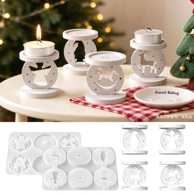 Christmas Hollow Splicing Candle Holder Silicone Mold Angel Reindeer Santa Claus Aromatherapy Candle Stand Mold