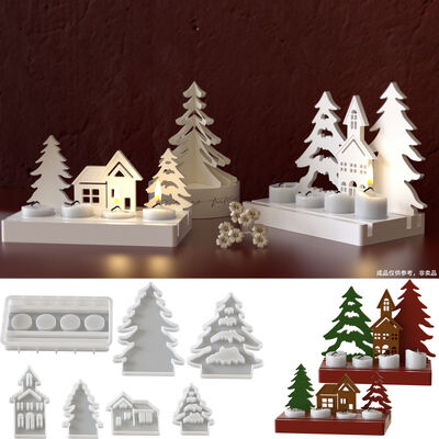 Christmas candle holder decoration gypsum mold DIY Christmas tree house four grid candle holder silicone mold
