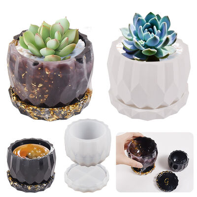 DIY Drip Glue Resin Gypsum Cement Storage Box Round Diamond Cut Surface Flower Pot Bottom Support Silicone Mold