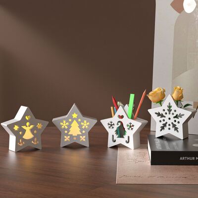 DIY Gypsum Pentagram Pen Holder Flower Insertion Christmas Tree Santa Claus Snowflake Angel Hollow Silhouette Lamp Box Silicone Mold
