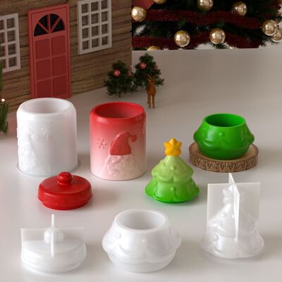DIY Aromatherapy Gypsum Cement Christmas Tree Santa Claus Pattern Storage Can Candle Cup Silicone Mold
