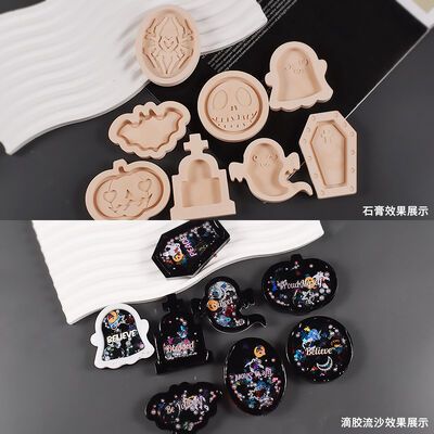 Crystal Drip Glue Flowing Sand Pumpkin Ghost Tombstone Coffin Halloween Flowing Sand Pendant Keychain Silicone Mold