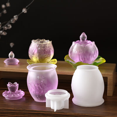 DIY Glue Rainbow Lotus Lamp Storage Can Silicone Mold Aromatherapy Candle Cup Gypsum Flower Pot Mold