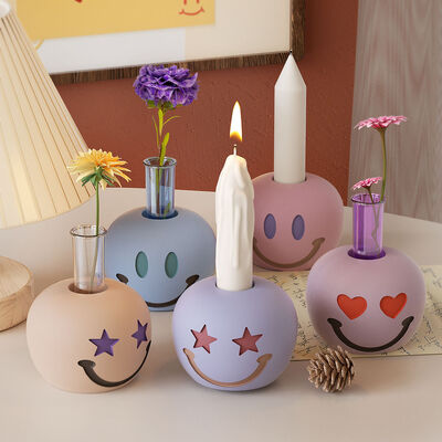 DIY resin plaster candle holder ornament, round heart-shaped star smiling face flower planter, silicone mold
