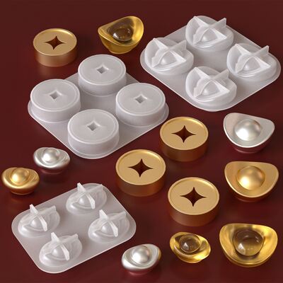 Spring Festival Celebration Silicone Mold DIY Four Grid Jubao Zhaocai Yuanbao Ping An Copper Coin Buckle Dropping Mold