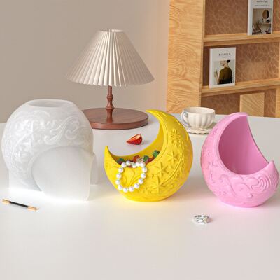Embossed pattern moon storage box mold, handmade DIY gypsum cement jewelry box, home decoration silicone mold
