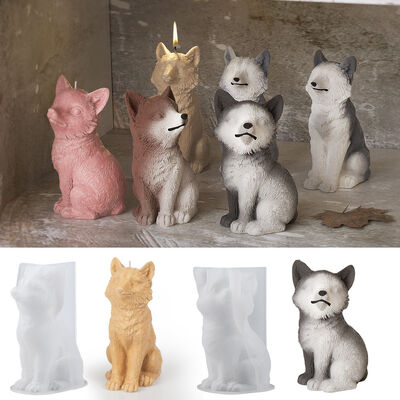 Crystal Drip Glue 3D Sitting Wolf Dog Ornament DIY Candle Aromatherapy Gypsum Silicone Mold Wholesale