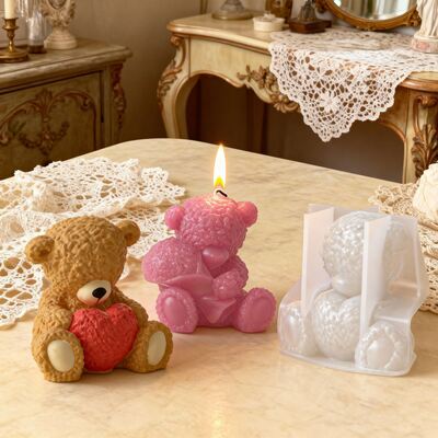 Cross border holding love roses couple teddy bear DIY aromatherapy gypsum candle ornament silicone mold