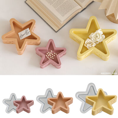 Molde de silicona de bricolaje para contenedores de velas de almacenamiento de estrellas de cinco puntas grandes, medianas y pequeñas, bandeja con patrón de estrellas y lunas, molino de yeso