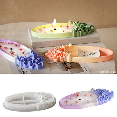 Molde de silicona para contenedor de velas de yeso con aroma elíptico, adorno de bandeja de capullos de rosa caídos