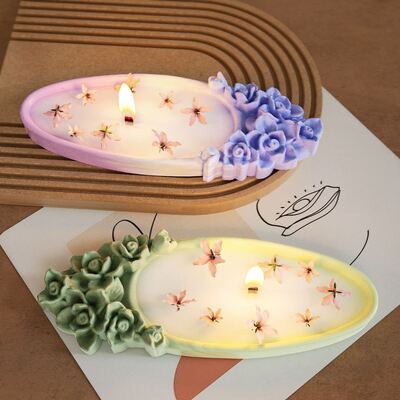 Molde de silicona para contenedor de velas de yeso con aroma elíptico, adorno de bandeja de capullos de rosa caídos