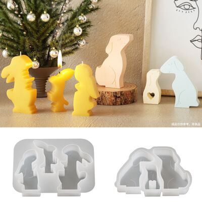 DIY Resin Plaster Dog Family Easter Three Rabbits Candle Ornament Silicone Mold