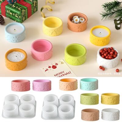 Ins Style Christmas Relief Four Grid Circular Candle Cup Mold For Holiday Decoration Aromatherapy Gypsum Cup Storage Box Mold
