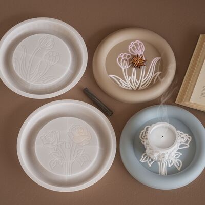 DIY Glue Resin Gypsum Circular Arc Rose Tulip Relief Pattern Tray Plate Silicone Mold