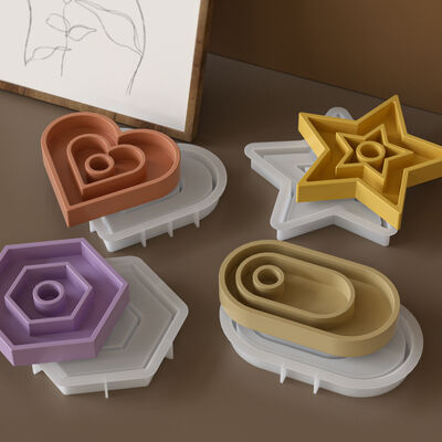 DIY Aromatherapy Gypsum Double Heart Pentagram Oval Hexagonal Candle Holder Tray Silicone Mold