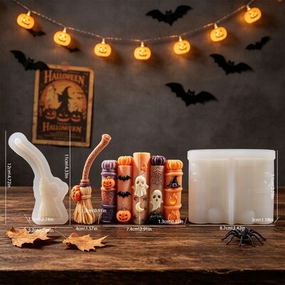 Halloween Cylindrical Relief Ghost Pumpkin Bat Candle Mold DIY Aromatherapy Skeleton Broom Silicone Mold