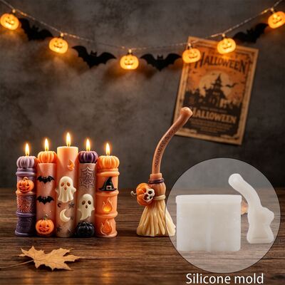 Halloween Cylindrical Relief Ghost Pumpkin Bat Candle Mold DIY Aromatherapy Skeleton Broom Silicone Mold