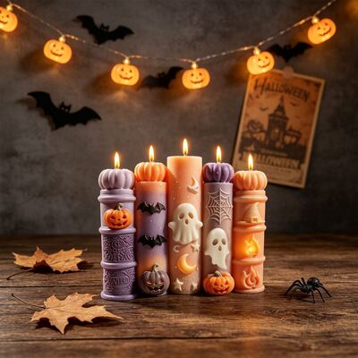Halloween Cylindrical Relief Ghost Pumpkin Bat Candle Mold DIY Aromatherapy Skeleton Broom Silicone Mold