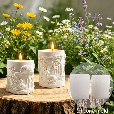 Relief Forest Moose And White Heron Mother And Child Cylinder Aroma Candle Cup Storage Jar Decorative Silicone Mold