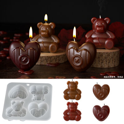 Aromatherapy Gypsum Candle, Four Grid Three-dimensional Love Bear, Little Bear Candle Holder Ornament, Silicone Mold