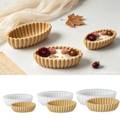 Ins-style Wave Lace Oval Storage Bowl Silicone Mold DIY Striped Pleated Fruit Plate Candle Cup Mold