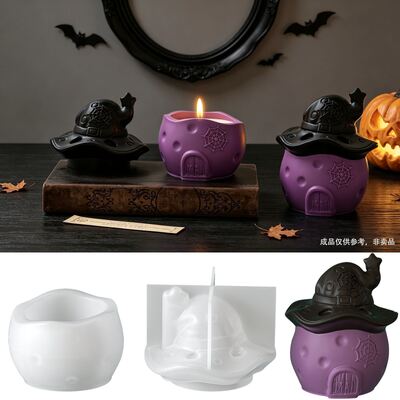 Halloween Witch Hat House Candle Cup Silicone Mold Spider Web Creative Fragrance Container Flower Pot Gypsum Mold