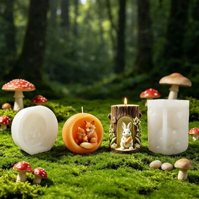 Easter Forest Tree Hole Rabbit Cup Fox Family Aromatherapy Candle Gypsum Silicone Mold