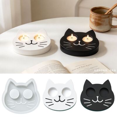 Cat Head Double Hole Candlestick Silicone Mold DIY Cat Aromatherapy Gypsum Tea Wax Base Pendant Mold