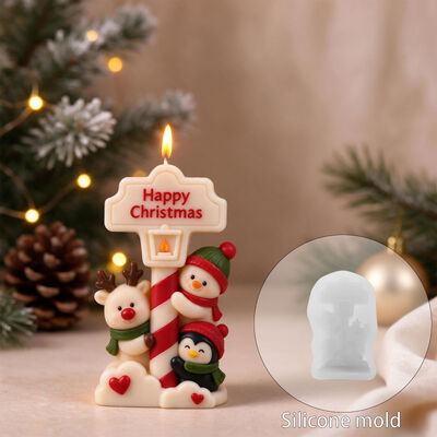 Happy Christmas Road Sign Snowman Silicone Mold Deer Penguin Aromatherapy Candle Gypsum Mold