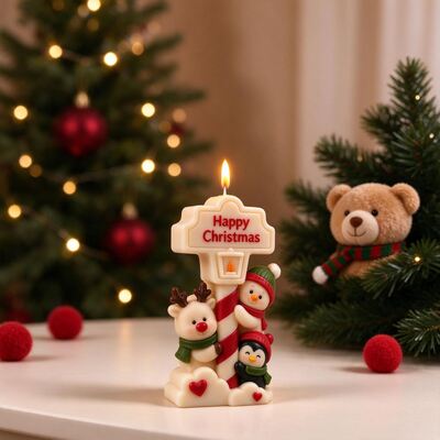 Happy Christmas Road Sign Snowman Silicone Mold Deer Penguin Aromatherapy Candle Gypsum Mold