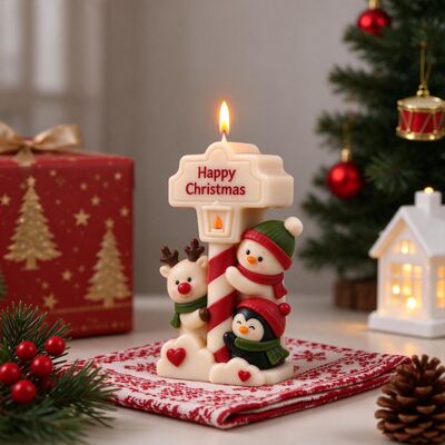 Happy Christmas Road Sign Snowman Silicone Mold Deer Penguin Aromatherapy Candle Gypsum Mold
